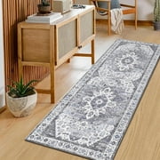 Runner Rug for Hallway, Yamaziot 2'x6' Washable Rug for Floor with Rubber Backing, Vintage Non Skid Gray Carpet, Laundry Room Rug